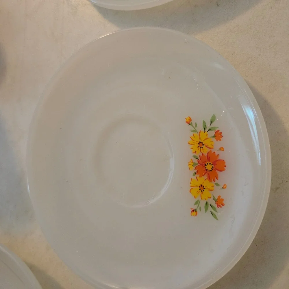 Vintage Anchor Hocking Fire King Milk Glass Floral Saucers Set of 4 Mixed Flower